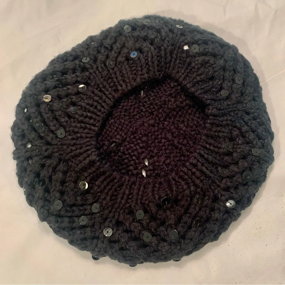 Twiggy LONDON Knit Beret Hat Black Sparkly Embellishments Sequins Vintage